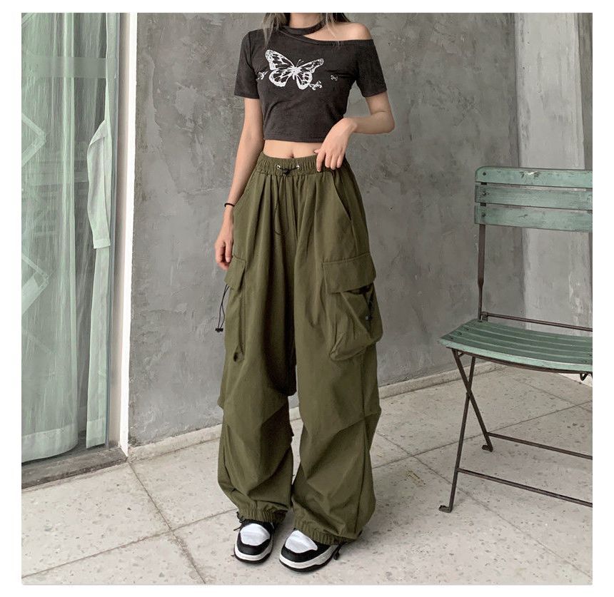 Plain Wide Pants Waist Cargo Drawstring Leg