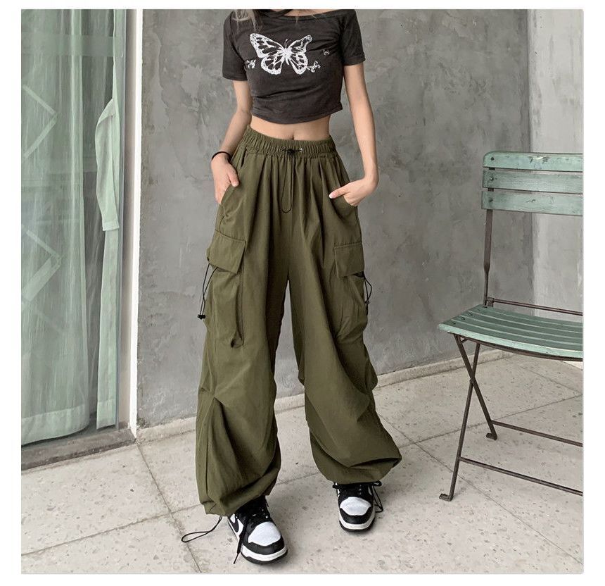 Plain Wide Pants Waist Cargo Drawstring Leg