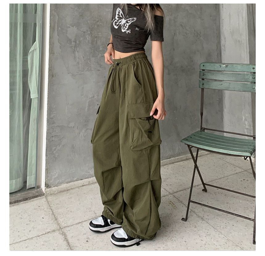 Plain Wide Pants Waist Cargo Drawstring Leg