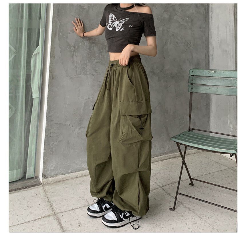 Plain Wide Pants Waist Cargo Drawstring Leg