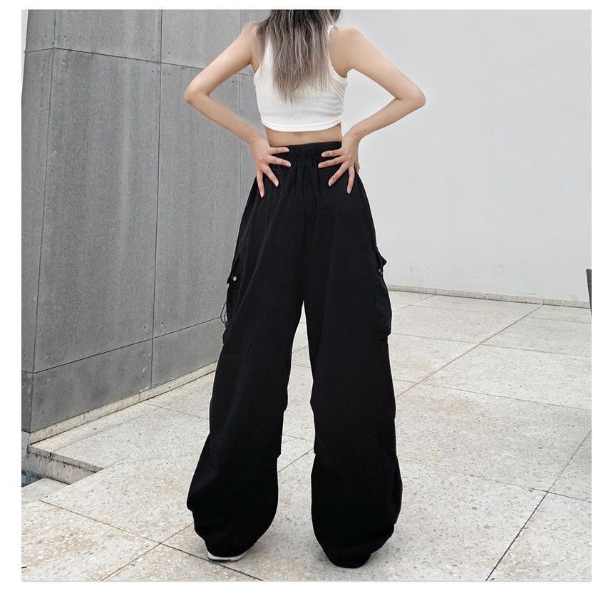 Plain Wide Pants Waist Cargo Drawstring Leg