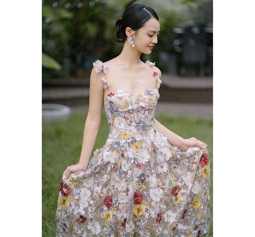 Midi Evening Dress A-Line Cocktail Mesh Strap Flower Spaghetti / Gown Accent