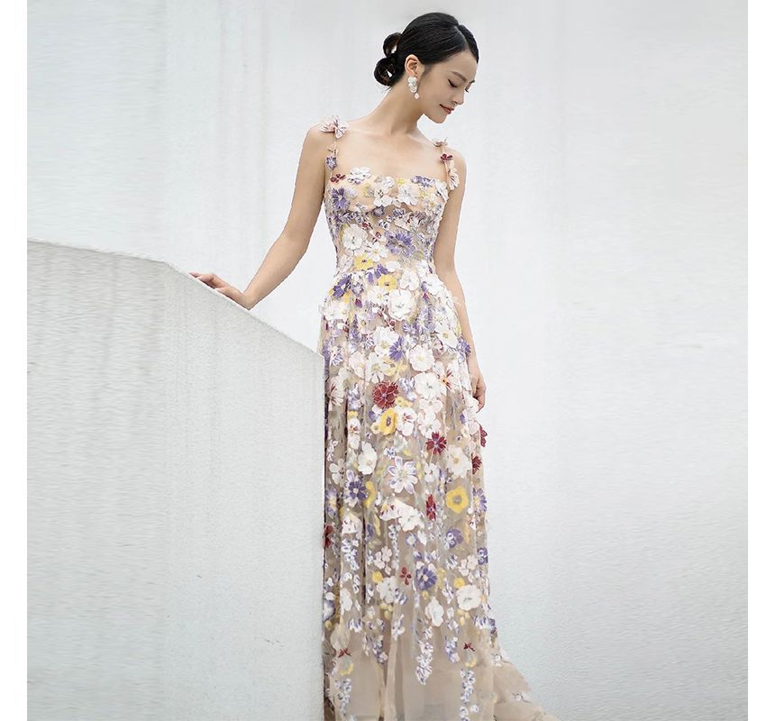 Midi Evening Dress A-Line Cocktail Mesh Strap Flower Spaghetti / Gown Accent