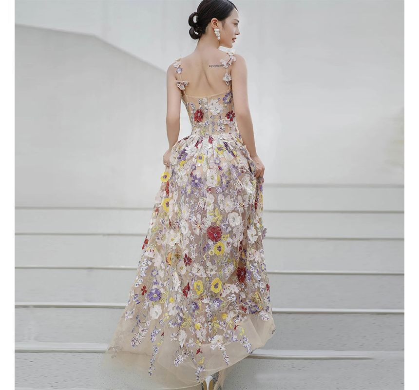 Midi Evening Dress A-Line Cocktail Mesh Strap Flower Spaghetti / Gown Accent