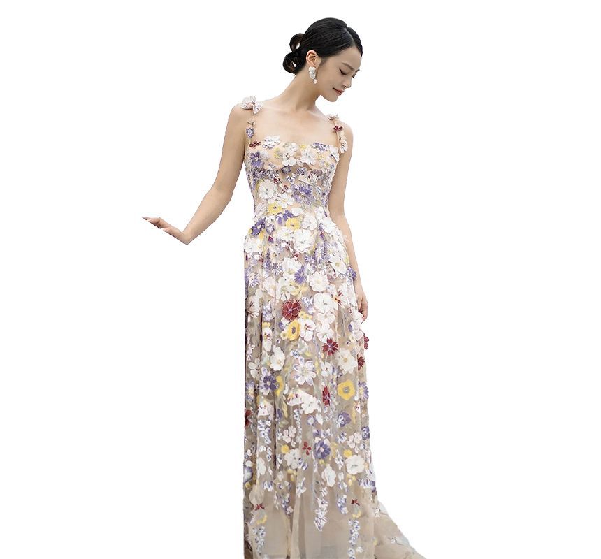 Midi Evening Dress A-Line Cocktail Mesh Strap Flower Spaghetti / Gown Accent