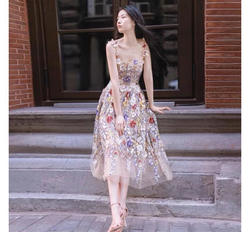 Midi Evening Dress A-Line Cocktail Mesh Strap Flower Spaghetti / Gown Accent
