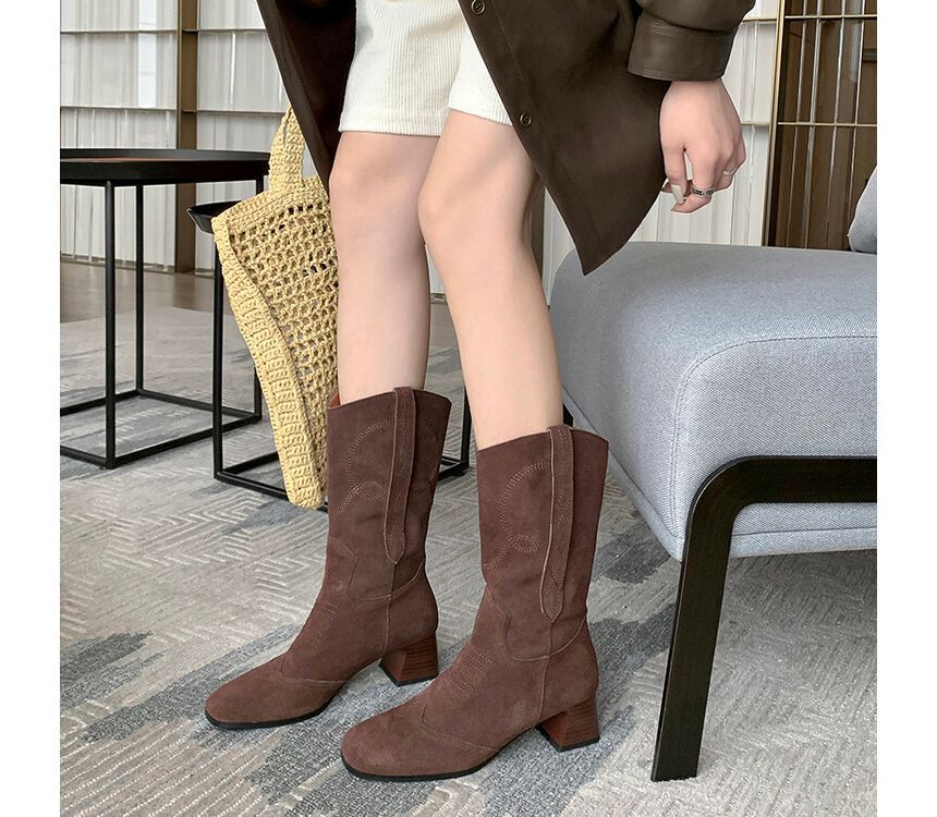 Block Heel Pointed Toe Embroidered Genuine Leather Mid-Calf Boots