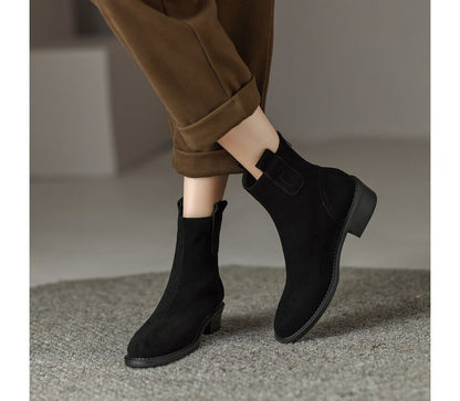 Block Heel Pointed Toe Genuine Leather Short Boots