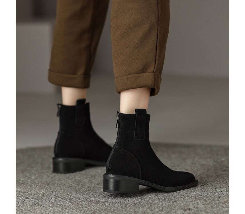 Block Heel Pointed Toe Genuine Leather Short Boots