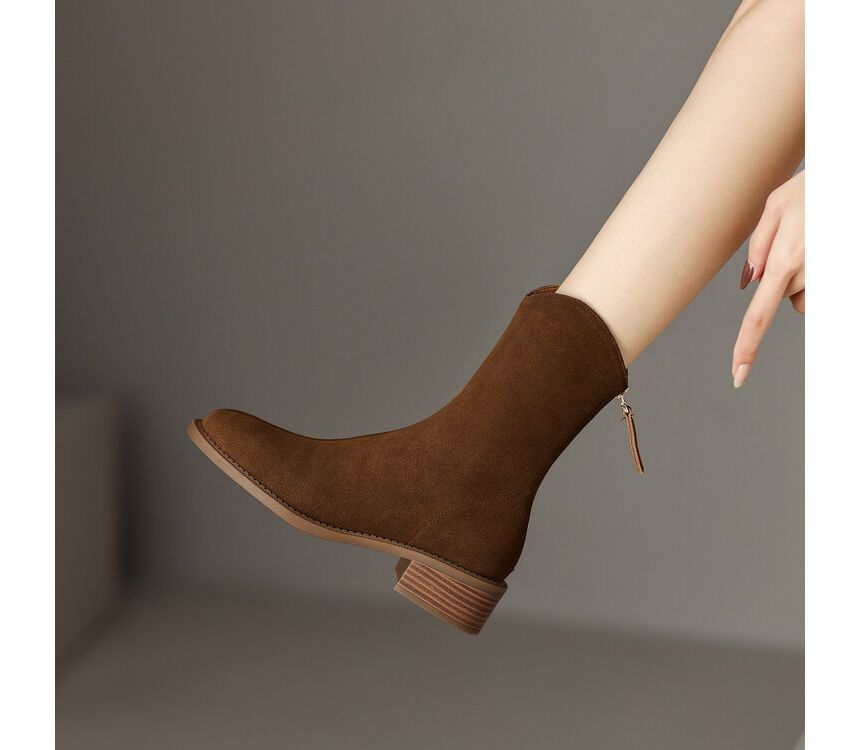 Block Heel Pointed Toe Genuine Leather Zip Up Cowboy Short Boots