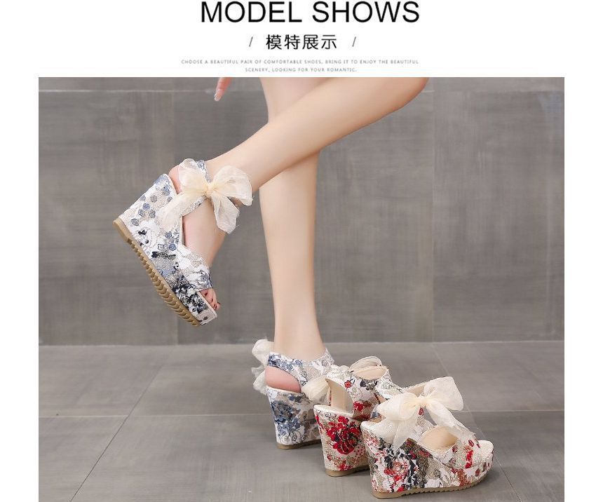 Floral Heel Bow Sandals Platform Wedge