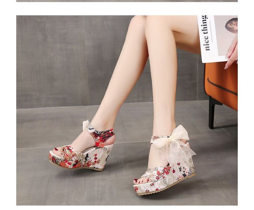 Floral Heel Bow Sandals Platform Wedge