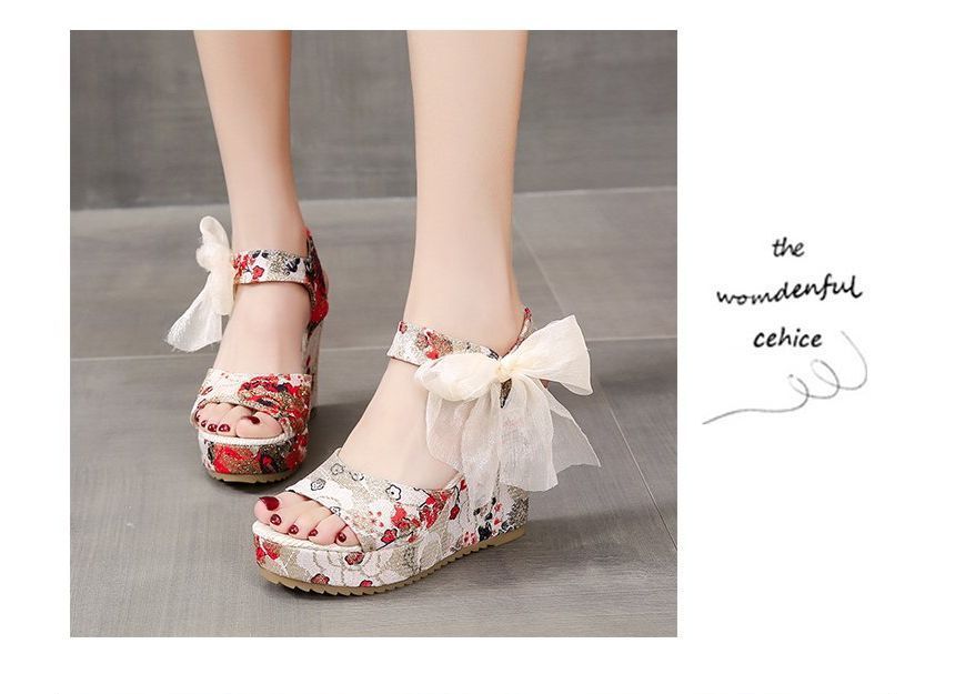 Floral Heel Bow Sandals Platform Wedge