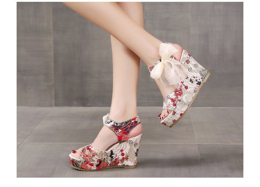 Floral Heel Bow Sandals Platform Wedge