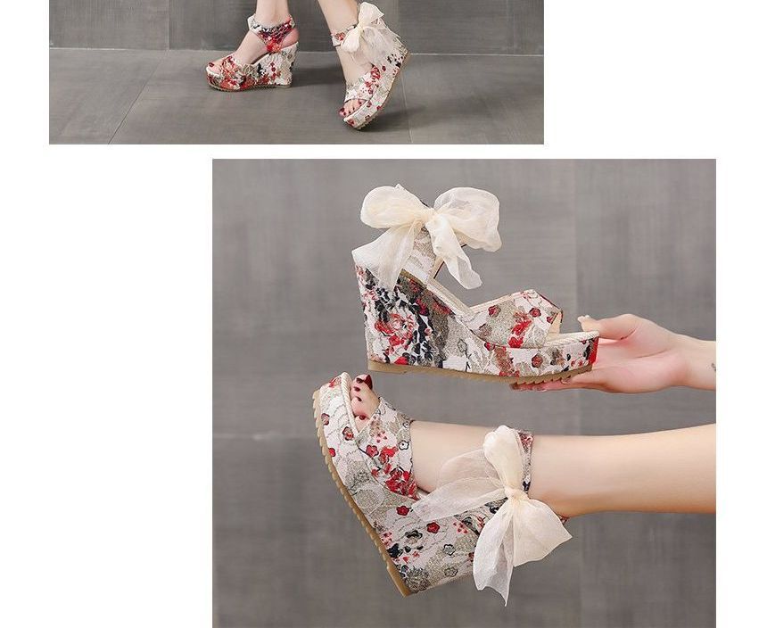 Floral Heel Bow Sandals Platform Wedge