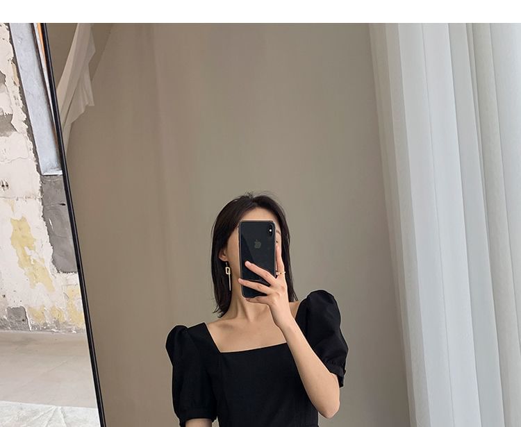 Midi Dress Short-Sleeve Square Plain Neck A-Line