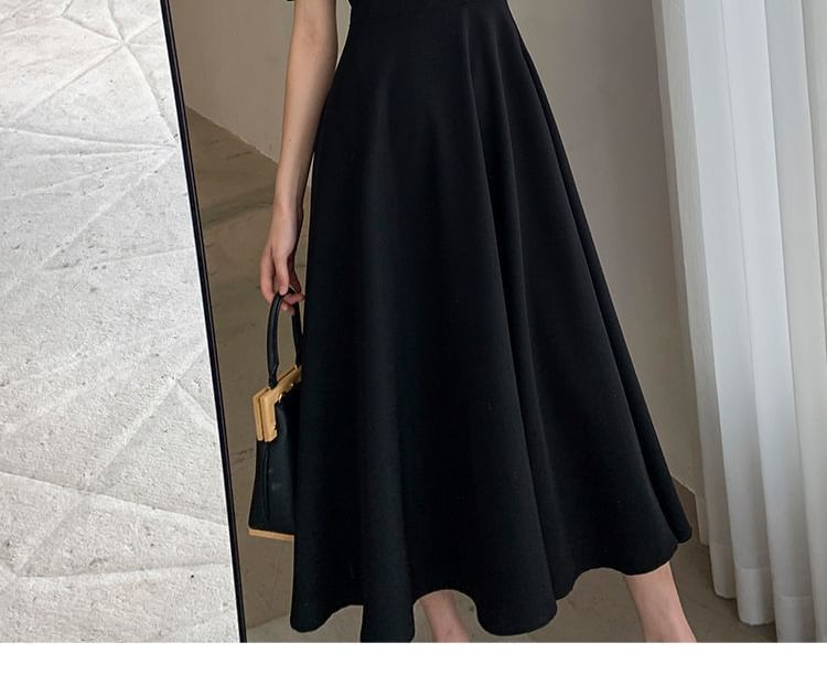Midi Dress Short-Sleeve Square Plain Neck A-Line