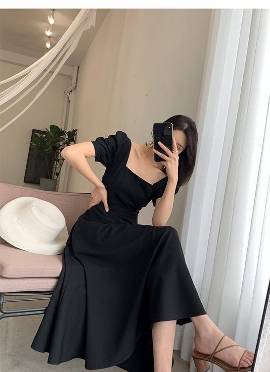 Midi Dress Short-Sleeve Square Plain Neck A-Line