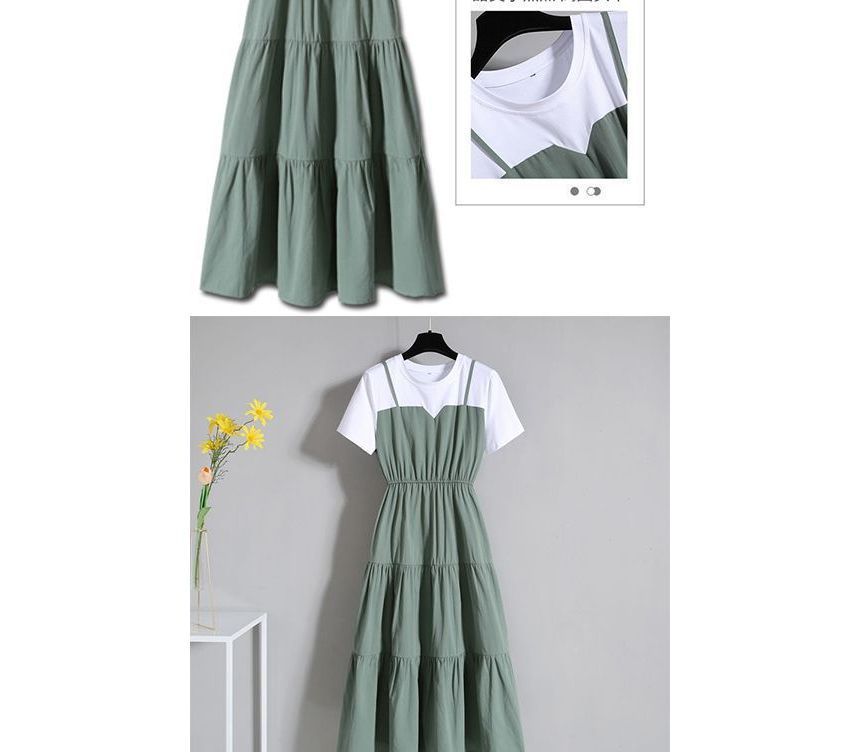 A-Line Neck Short-Sleeve Mock Crew Two-Piece Dress Tiered Midi