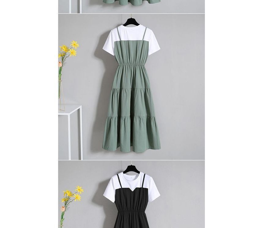 A-Line Neck Short-Sleeve Mock Crew Two-Piece Dress Tiered Midi