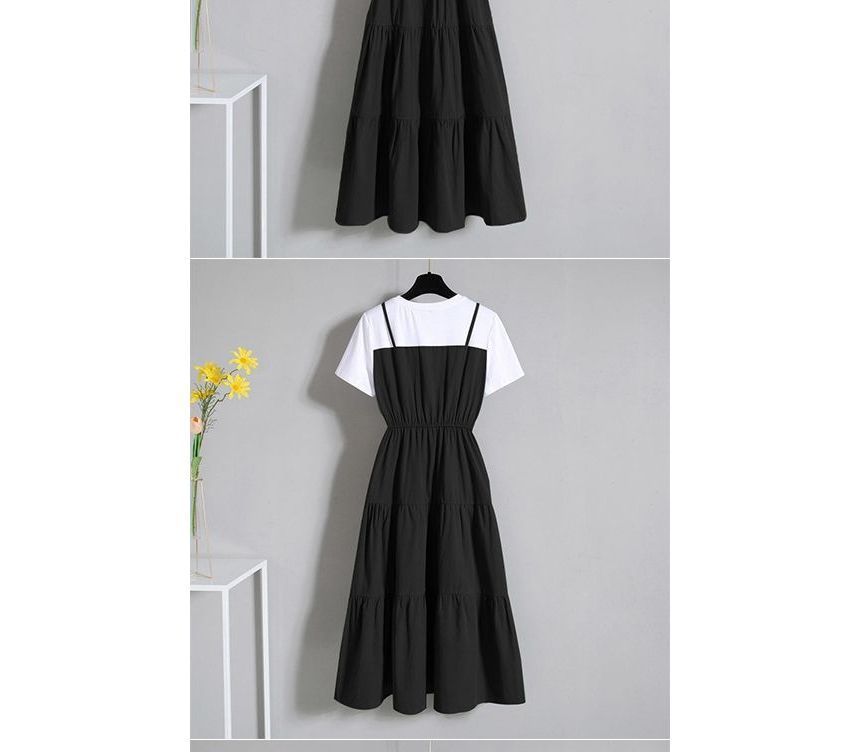 A-Line Neck Short-Sleeve Mock Crew Two-Piece Dress Tiered Midi