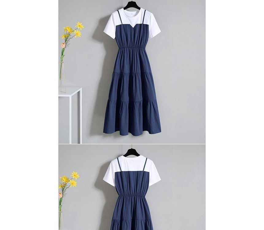 A-Line Neck Short-Sleeve Mock Crew Two-Piece Dress Tiered Midi