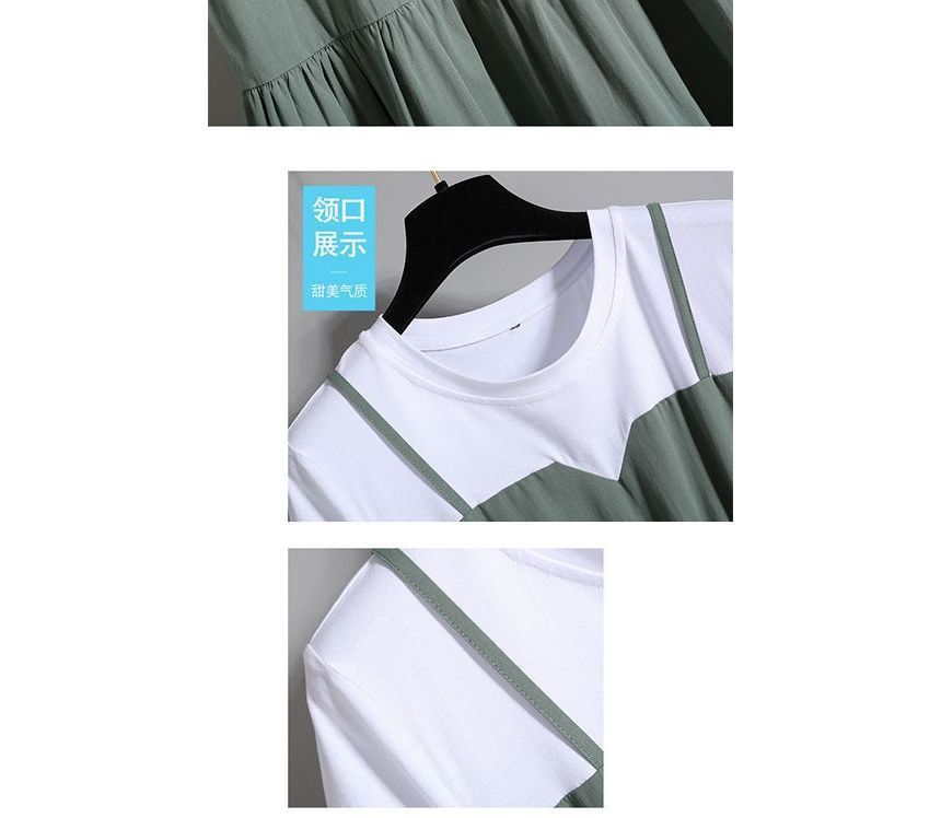 A-Line Neck Short-Sleeve Mock Crew Two-Piece Dress Tiered Midi