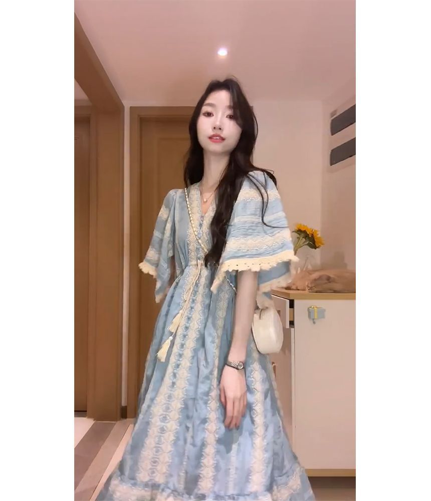 Tassel Embroidered A-Line Midi Panel Elbow-Sleeve Dress V-Neck