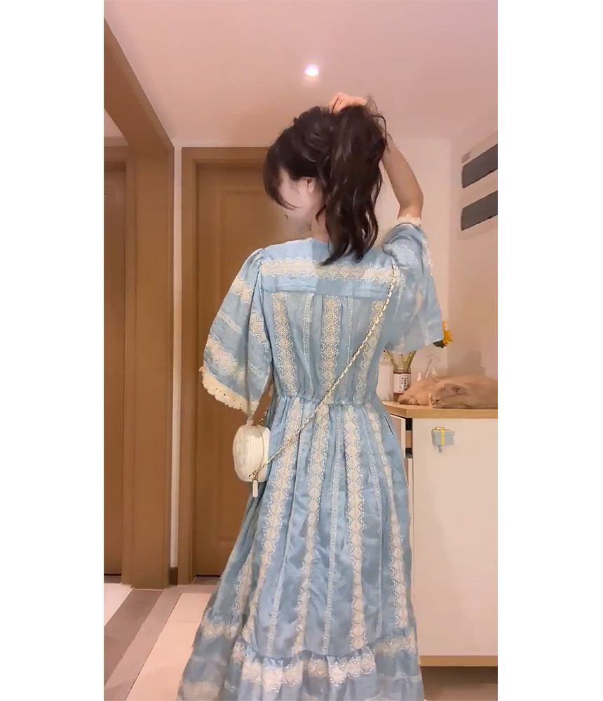 Tassel Embroidered A-Line Midi Panel Elbow-Sleeve Dress V-Neck