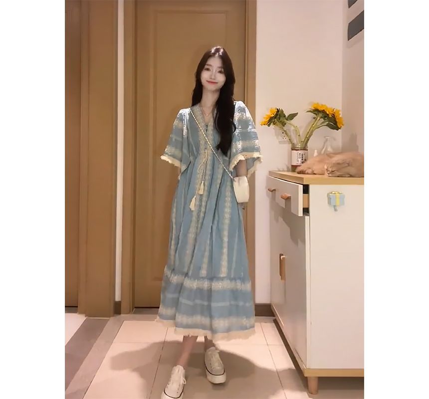 Tassel Embroidered A-Line Midi Panel Elbow-Sleeve Dress V-Neck