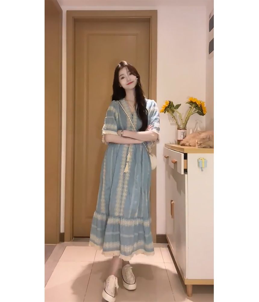 Tassel Embroidered A-Line Midi Panel Elbow-Sleeve Dress V-Neck