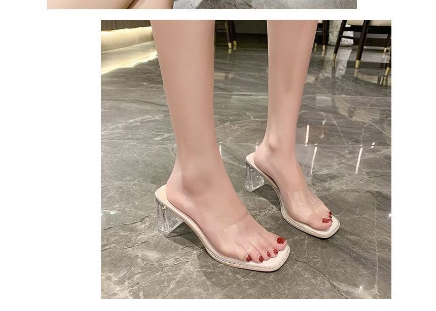 Square-Toe Heel Block Slide PVC Sandals Rhinestone Strap