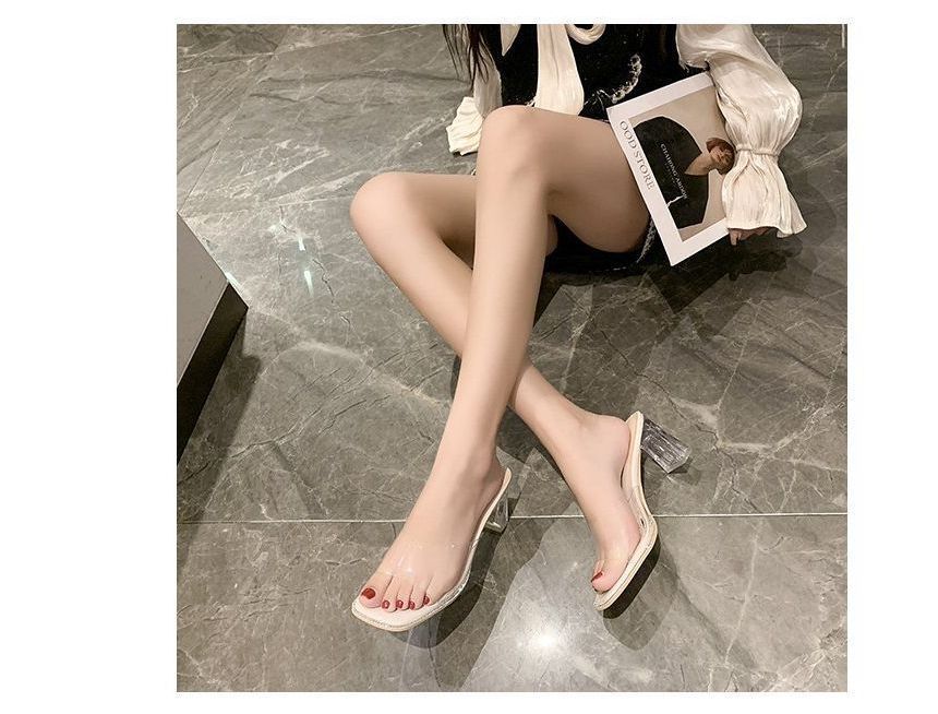 Square-Toe Heel Block Slide PVC Sandals Rhinestone Strap