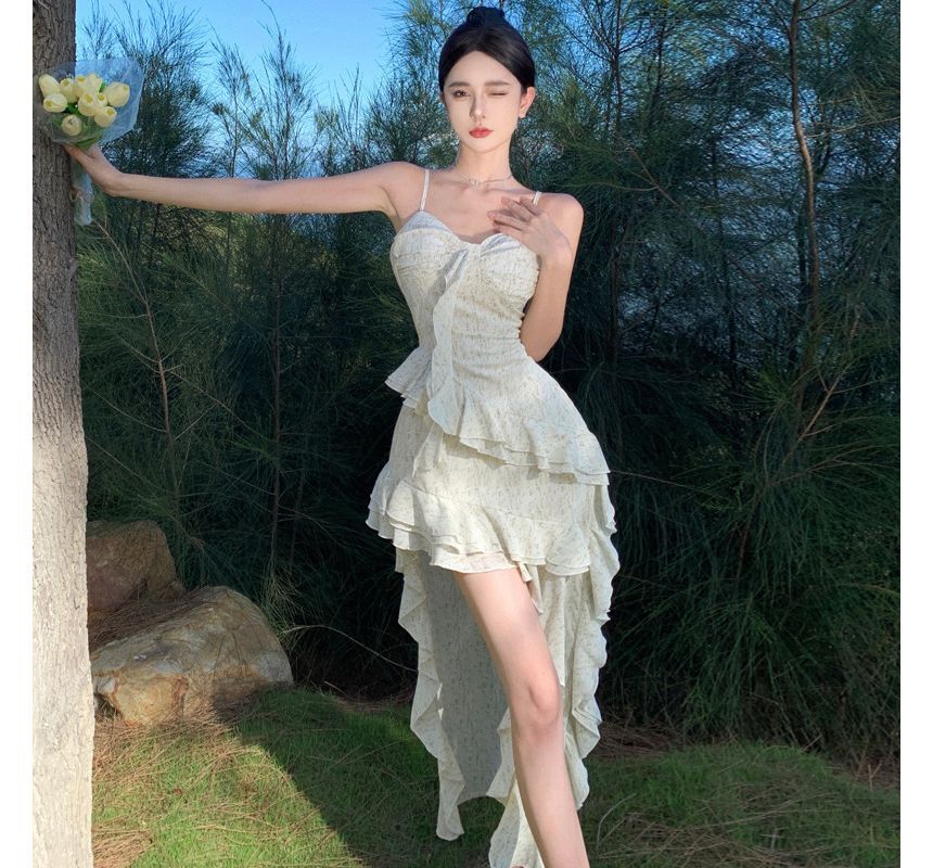 Strap Spaghetti Dress Trim Ruffle Maxi Floral A-Line