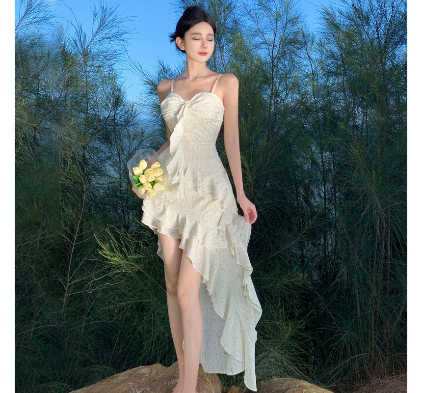 Strap Spaghetti Dress Trim Ruffle Maxi Floral A-Line