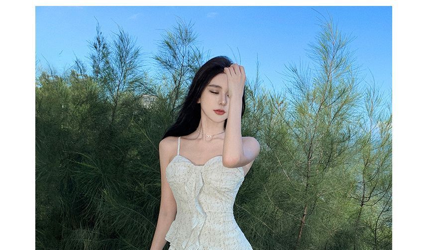 Strap Spaghetti Dress Trim Ruffle Maxi Floral A-Line