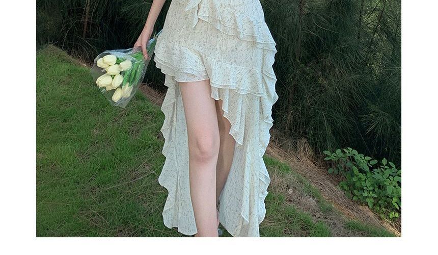 Strap Spaghetti Dress Trim Ruffle Maxi Floral A-Line