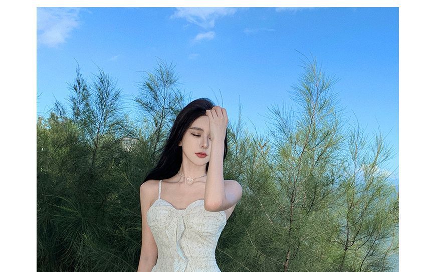 Strap Spaghetti Dress Trim Ruffle Maxi Floral A-Line