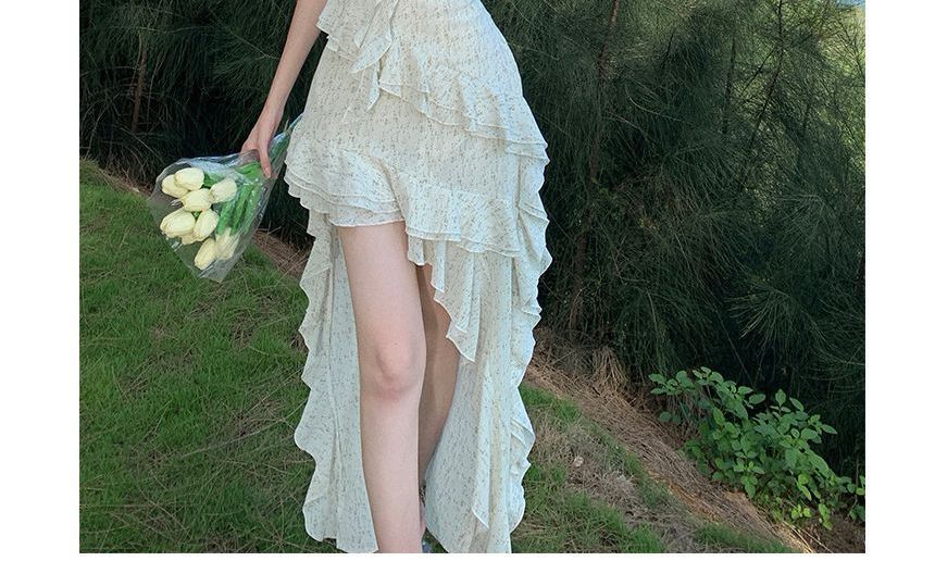 Strap Spaghetti Dress Trim Ruffle Maxi Floral A-Line