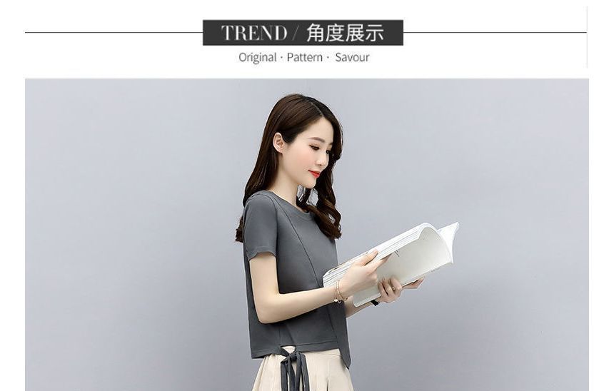 Round Neck Elastic Set: A-Line Short-Sleeve Plain + Skirt Waist T-Shirt Midi