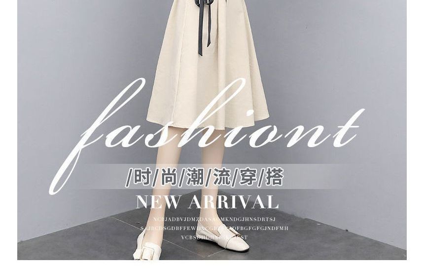 Round Neck Elastic Set: A-Line Short-Sleeve Plain + Skirt Waist T-Shirt Midi