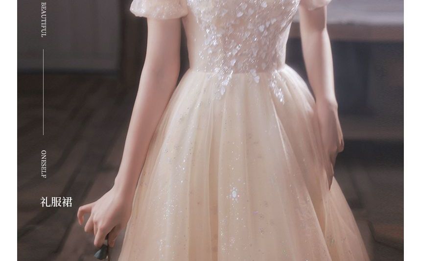 Short-Sleeve Evening / Mesh Midi A-Line Dress Gown