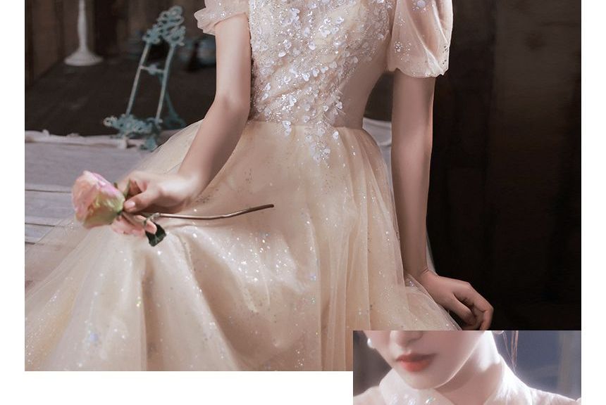 Short-Sleeve Evening / Mesh Midi A-Line Dress Gown