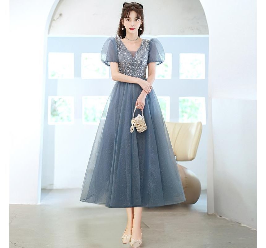 Gown / Dress Midi A-Line Evening Mesh Short-Sleeve V-Neck