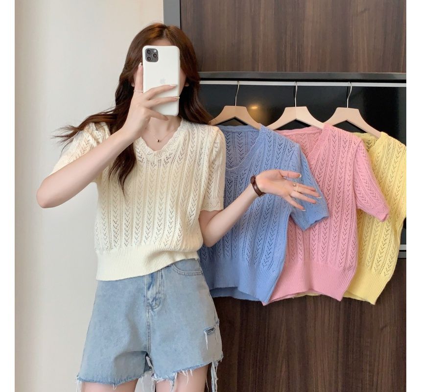 Short-Sleeve V-Neck Crochet Knit Top