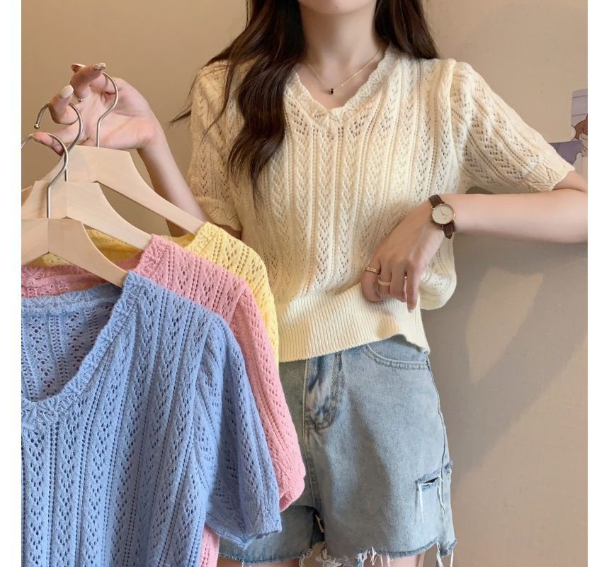 Short-Sleeve V-Neck Crochet Knit Top