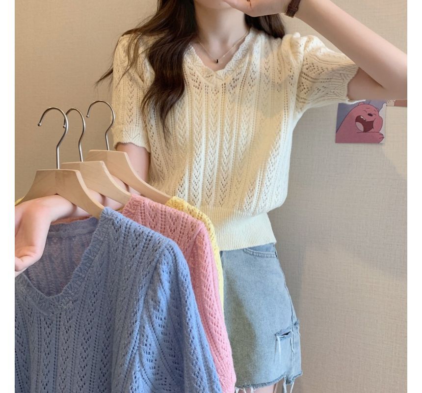 Short-Sleeve V-Neck Crochet Knit Top