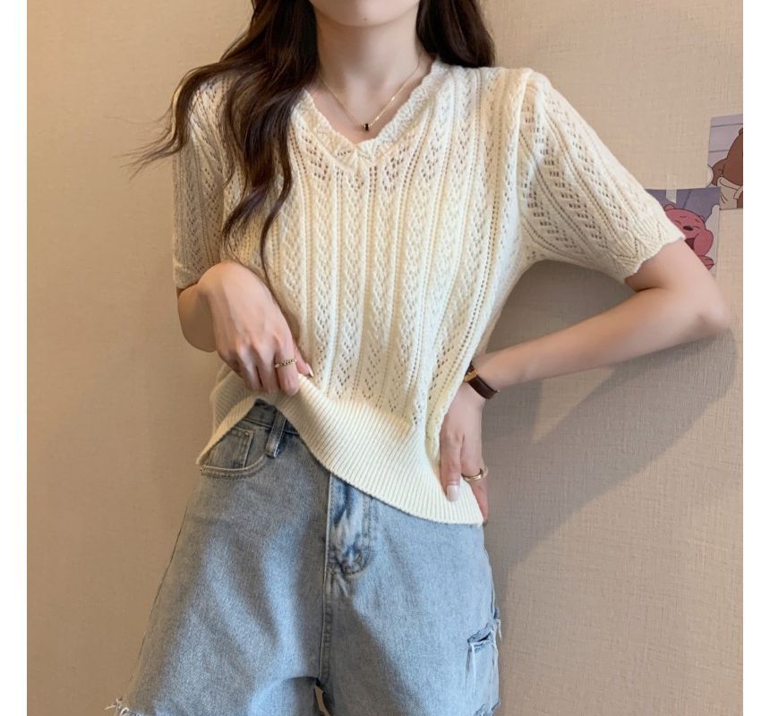 Short-Sleeve V-Neck Crochet Knit Top