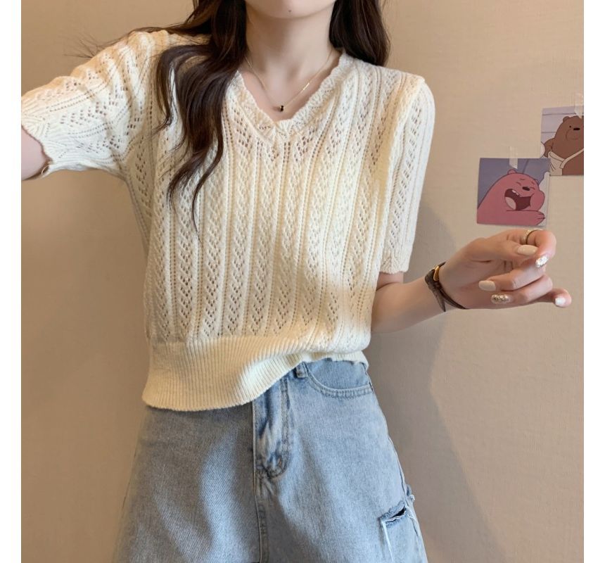 Short-Sleeve V-Neck Crochet Knit Top