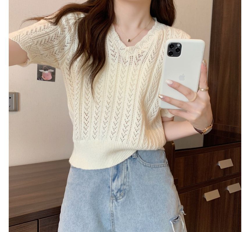 Short-Sleeve V-Neck Crochet Knit Top